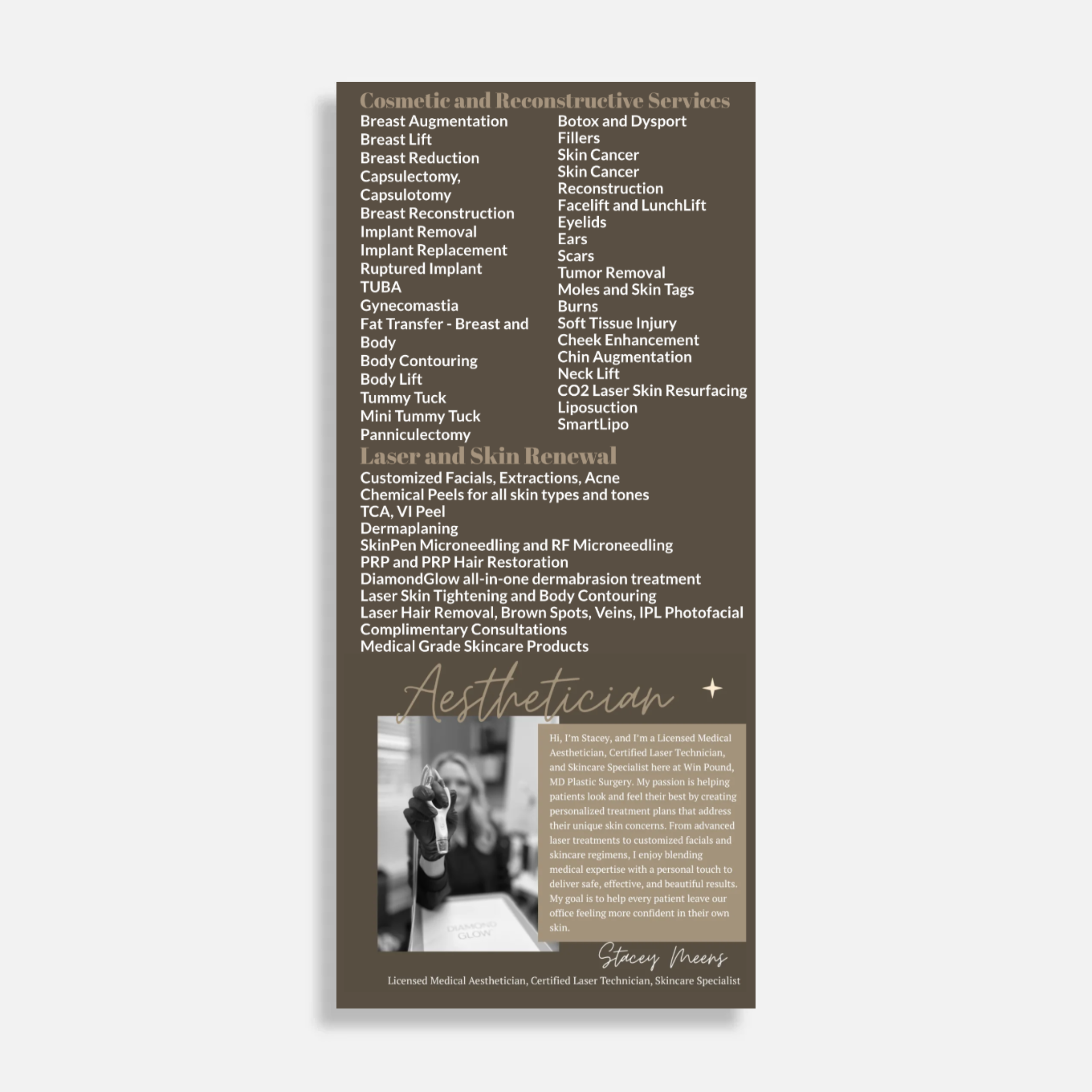 Win Pound MD practice information card — back, full services list